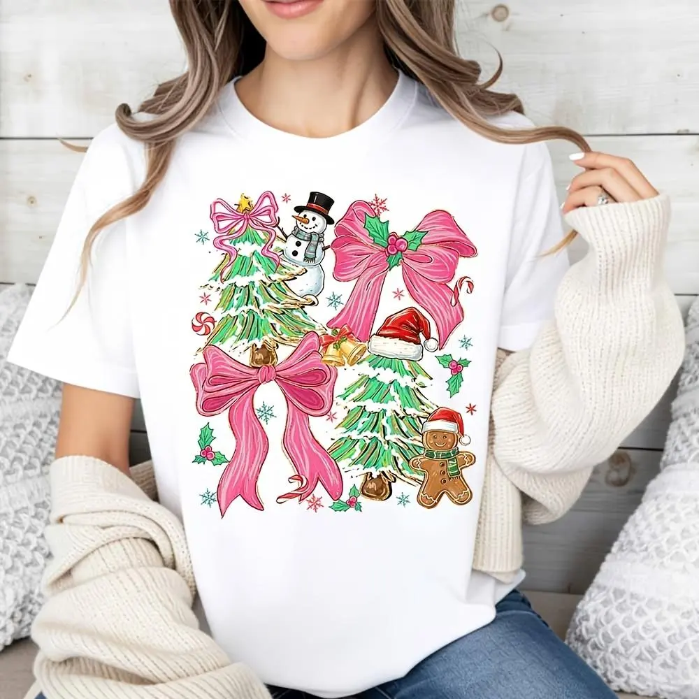 Christmas Tree Snowman Gingerbread Man Graphic Tee, Festive Holiday Bow Print Shirt, Winte
