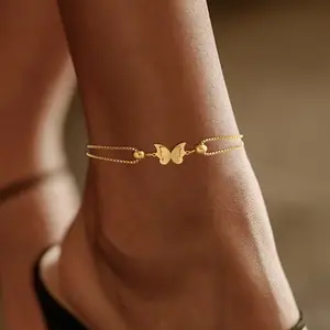 Minimalist Butterfly Anklet for Women Gold Plated Double Layer Adjustable Foot Bracelet Dainty Delicate Charm Ankle Jewelry Summer Beach Accessory for Daily Wear & Gifts