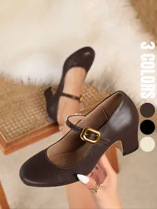 Women's Elegant Round Toe Mary Jane Shoes, Gold Buckle Design, Comfortable Thick Heel High Heels, Perfect for Party, Wedding, Business