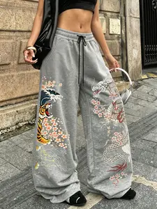 Women's New Style Tiger Dragon Print Loose Fit Streetwear Pants, Casual Fitted Drawstring Waist, Long Regular Length, Fall & Winter