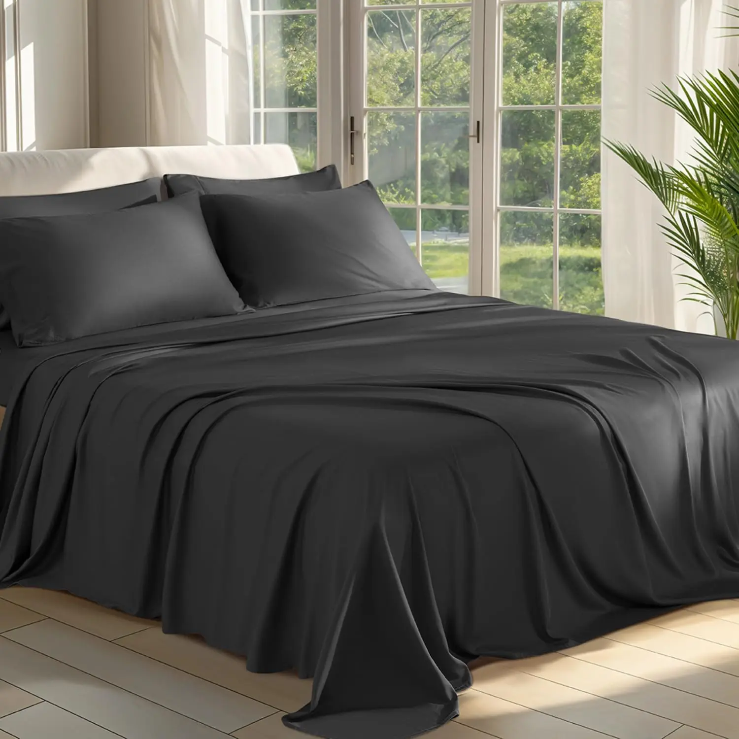 100% Bamboo Rayon (Viscose-Derived) King Size 6-Piece Twill Weave Sheets & Pillowcases, Soft, Ultra-Cooling, Silky, 16" Deep Pocket, Durable, Fade-Resistant, Machine Washable, Bedroom Use, Ideal for Hot Sleepers (Black), Wrinkle Resistant