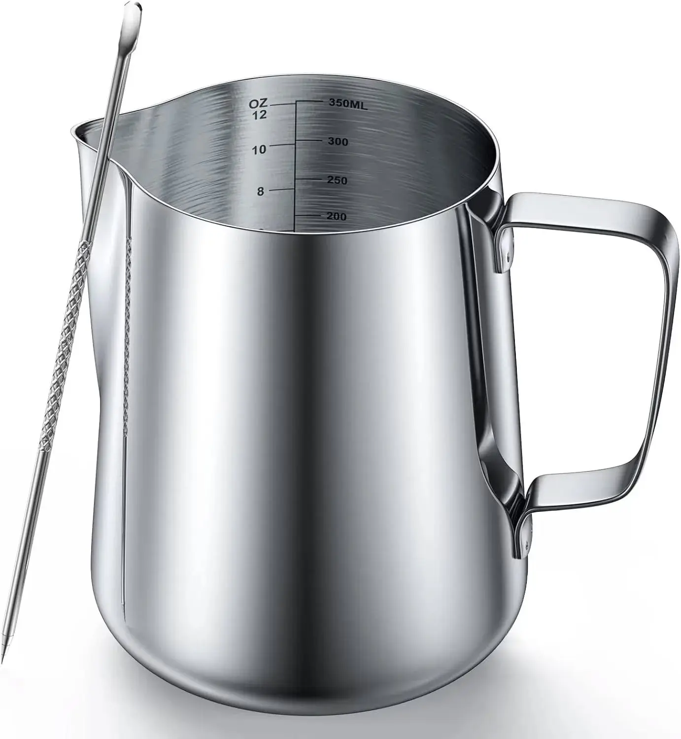 Stainless Steel Milk Frothing Pitcher, Measurements on Both Sides, Espresso Machine Accessories, Latte Art Cup with Insulated Handle, Creamer Pitcher for Single-Serve, No-drip or Spillage
