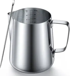 Stainless Steel Milk Frothing Pitcher, Measurements on Both Sides, Espresso Machine Accessories, Latte Art Cup with Insulated Handle, Creamer Pitcher for Single-Serve, No-drip or Spillage