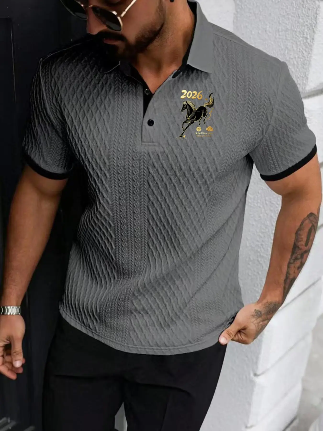 Men's Horse Pattern Geometric Print Jacquard Knitted Polo Shirt, Lightweight Business Blend, Slim Fit, Breathable, Casual Daily Wear, Knitted Polo Shirts