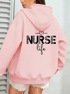 Women's Hooded Sweatshirt Autumn Winter Medical Theme Text Pattern Print, Casual Fitted Style for Nurses Daily Wear