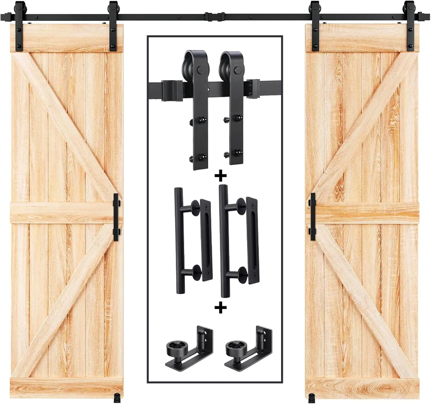 8FT Double Sliding Barn Door Track and Handle Hardware Kit, Basic J Pulley, Smooth Quiet Slide, Easy Install, for 20-24 Inch Wide Double Doors, Black Steel, Home Bedroom Closet Entryway, Home Furniture and Household Product Search Terms