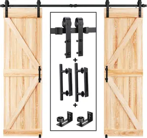 8FT Double Sliding Barn Door Track and Handle Hardware Kit, Basic J Pulley, Smooth Quiet Slide, Easy Install, for 20-24 Inch Wide Double Doors, Black Steel, Home Bedroom Closet Entryway, Home Furniture and Household Product Search Terms