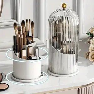 360° Rotating Cosmetic Brush Storage Basket, Makeup Brush Holder Organizer with Clear Dustproof Lid, Multi-grid Countertop Makeup Storage Box, Tooth Brush Toothpaste Holder, Desktop Makeup Organizer for Vanity Dresser Bathroom & Office, Beauty Organiser