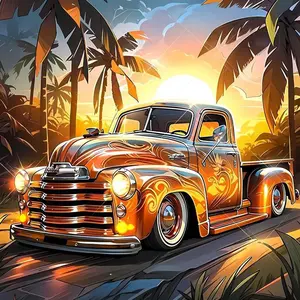 5D DIY Full Drill Round Diamond Painting - Diamond Art Kit Sunset, Vintage Car, Palm Tree Mosaic, Canvas - DIY Decor, Crafts, Home Wall Art, Suitable for Halloween and Christmas, Birthday and Anniversary Gifts