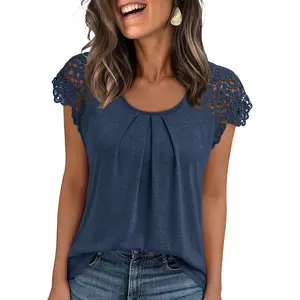 Womens Lace Tops Pleated Short Sleeve Shirts Summer Business Casual Dressy Blouses Womenswear Basic Shortsleeve Black Crewneck Fitted Minimalist