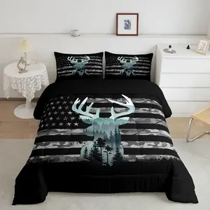 Feelyou Decorative Bedding Bed Comforter Set - Camo Deer Hunting Microfiber Bedding, Luxury Queen Comforter, Forest Smoky Deer Design, American Flag Duvet, 2 Pillowcases