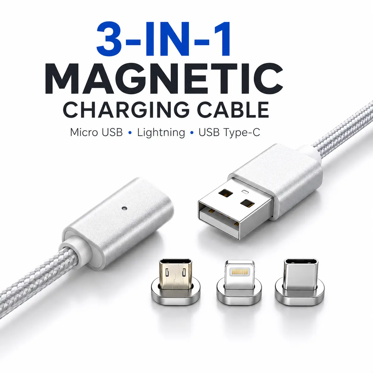 XTREMPRO 3 in 1 Magnetic Charging Cable for Phones/Tablets, 5V Support, Micro USB-Lightning-Type-C Connectors, 180° Rotatable Alloy Nylon Braided Fast Charge Cord, 3FT/6FT