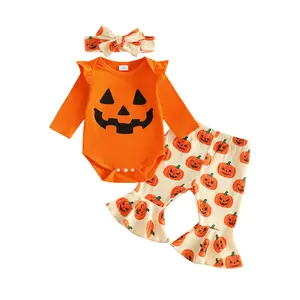 Imcute 3Pcs Baby Girl Halloween Outfits Long Sleeve Pumpkin Face Print Romper + Bell Bottoms + Headband Set Fall Clothes