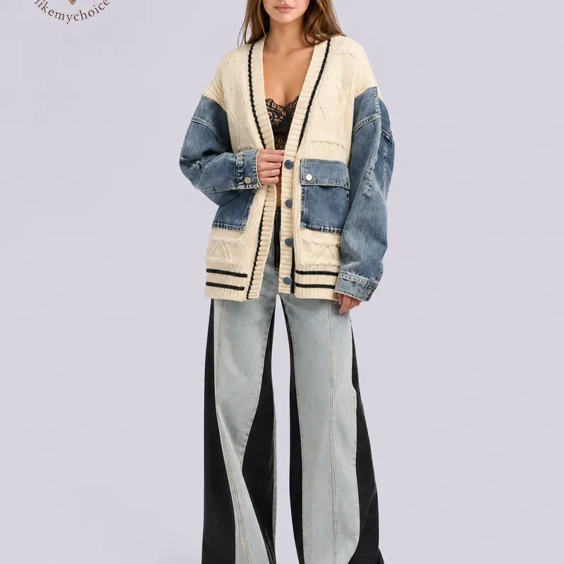 LikeMyChoice Unique Denim Patchwork Cable Knitted Coat Soft Breathable Medium Fit Sweater Jacket for Casual Outings Women's Knitwear Cardigan