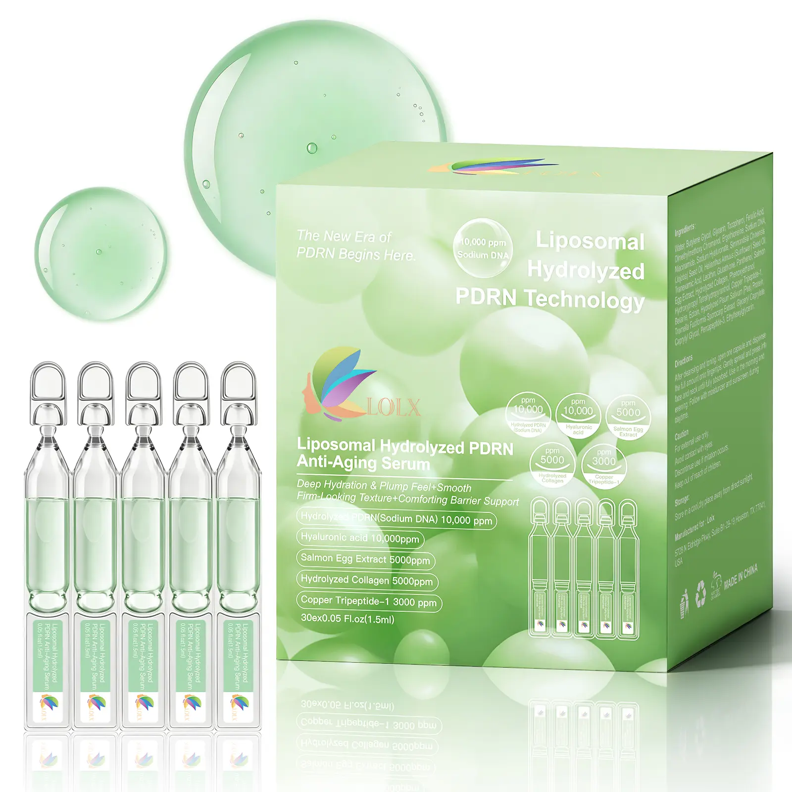 LOLX PDRN Anti-Aging Serum with 10,000ppm Salmon DNA, Hyaluronic Acid & 3,000ppm Copper Peptide | Daily Firming & Hydrating Single-Use Vials