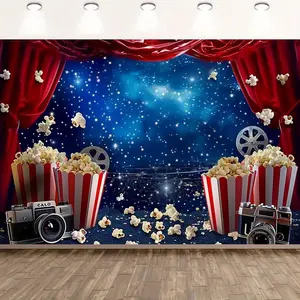 Movie Themed Party Background, 1 Count Popcorn & Movie Roll Design Backdrop, Wall Decoration for Wedding Birthday Party Graduation, Banners