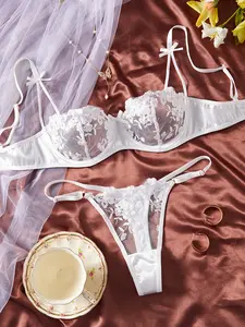 Women's Embroidered Lace Lingerie Set - Polyester Sheer Fabric, Elegant Feminine Chic Clothes, Sweet Christmas Gift Option, Lace Cami Sets, Women's Clothes
