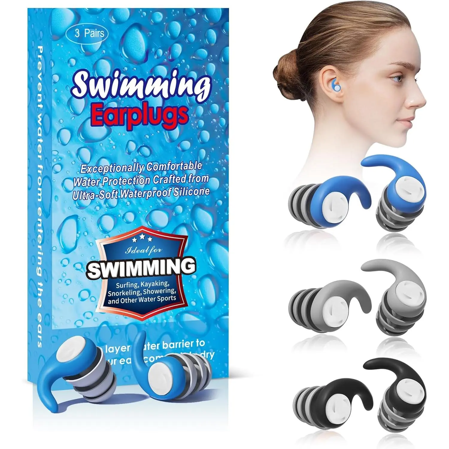 Adult Waterproof Silicone Reusable Swimming Ear Plugs - 3 Pairs, Noise Reduction, for Swim/Surf/Dive, Recommended for Teens Over 12+, Unisex, Adults