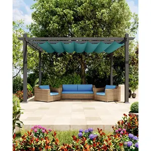 10x10/10x13 Ft Aluminum Pergola with Retractable Canopy Metal Gazebo for Garden Backyard Deck Porch Grape Trellis,Grey+Blue/Wood+Grey/Wood+Khaki