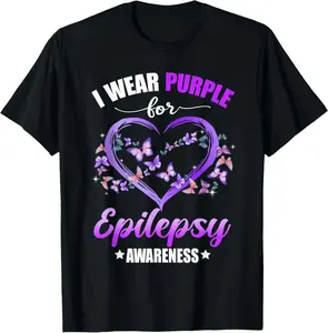 100% Cotton Fashion Garment Heart Butterfly I Wear Purple For Epilepsy Awareness T-Shirt