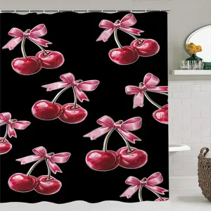 Creative Sweet Cool Girl Style Butterfly Cherry Print Shower Curtain Set, Waterproof with 12 Hooks, Bathroom Decor, Christmas Gift, Shower Essentials, Bathroom Accessory, Bathroom Shower Equipment