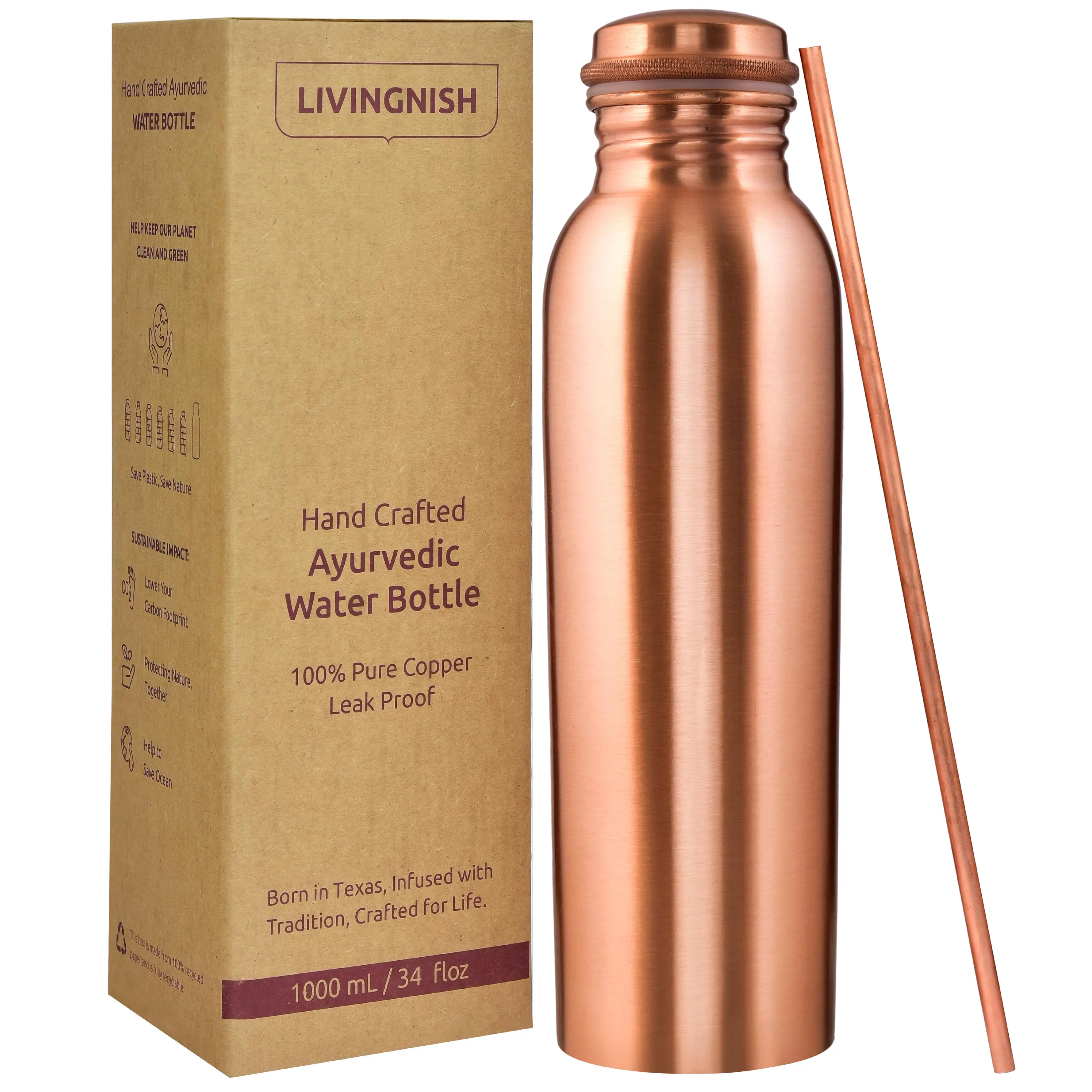 Classic 100% Pure Copper Water Bottle- 34 OZ Drinkware Cup Classic 100% Pure Copper Water Bottle- 34 OZ Drinkware Cup