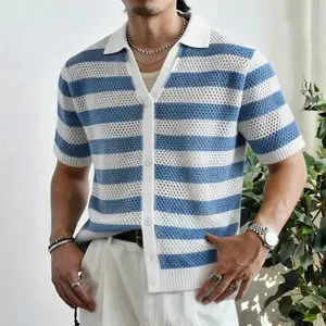 Striped Openwork Knit Mens Button Down Shirt Camp Collar Design Breathable Mesh Stitch Detail Perfect for Retro Casual Outfits and Summer Street Style