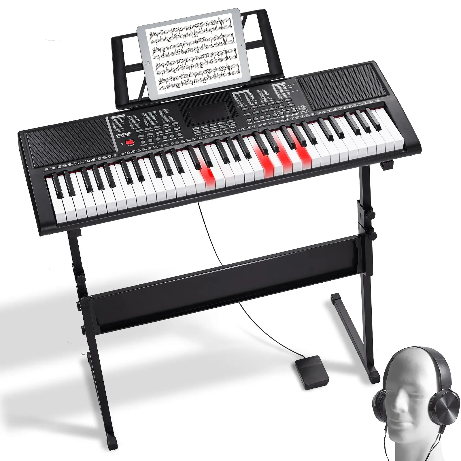 【DealsForYouDays】VEVOR 61-Key Portable Electronic Piano for Beginners & Children, Lighted Keys Unisex Piano with Adjustable Stand, 600 Tones, 500 Rhythms, Built-In Speakers, Sustain Pedal, Headphones, USB Port, USB MIDI, 10.7 lbs, Battery Powered