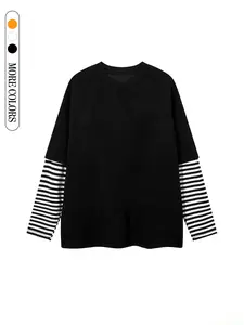 Men's Regular Fit Classic Striped Trim Ribbed Long Sleeve Tee, Casual Comfy Round Neck Streetwear T-shirt for Daily Wear, Men's Top for All Seasons