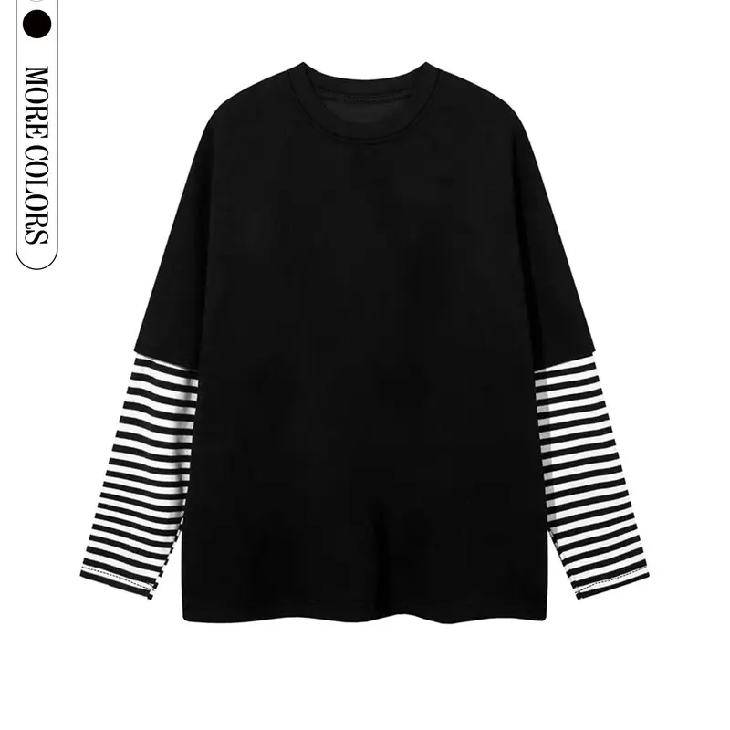 Men's Regular Fit Classic Striped Trim Ribbed Long Sleeve Tee, Casual Comfy Round Neck Streetwear T-shirt for Daily Wear, Men's Top for All Seasons, Casual Clothing
