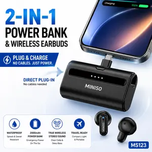 MINISO MS123 2-in-1 Portable Charging Wireless Earbuds with Built-In Power Bank 2000mAh,Bluetooth 6.0,Immersive Premium Sound Effect,Compact and portable, perfect for sports and travel.