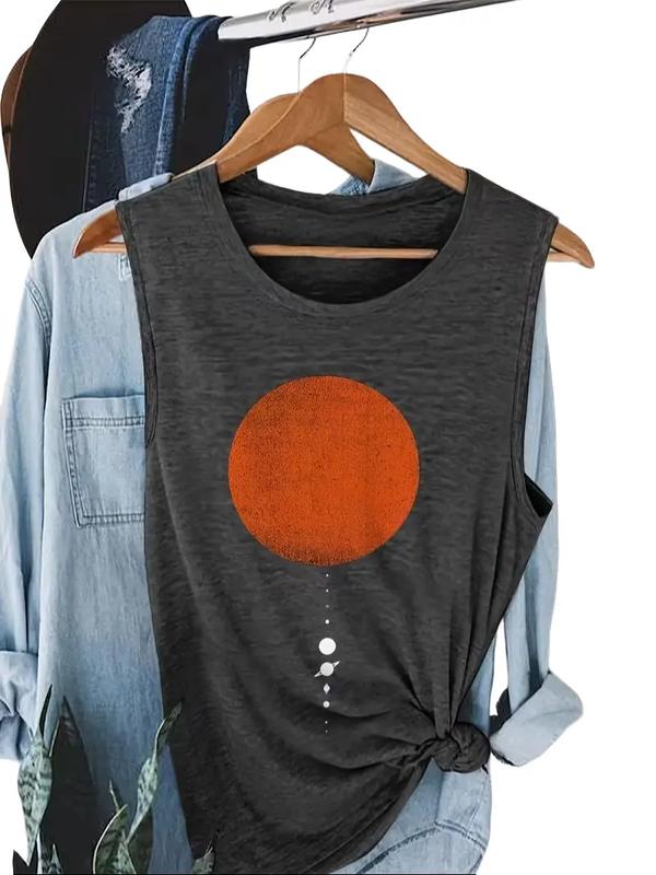 Women's Relaxed Fit Dark Gray Solar System Print Tank Top - Minimalist Celestial Print Sleeveless Casual Vest