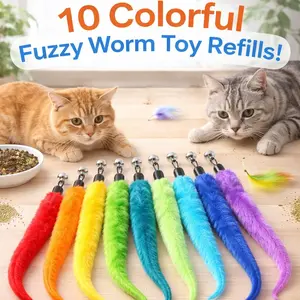 10PCS Cat Wand Toy Refills — Colorful Fuzzy Worm Attachments for Cat Teaser Wands