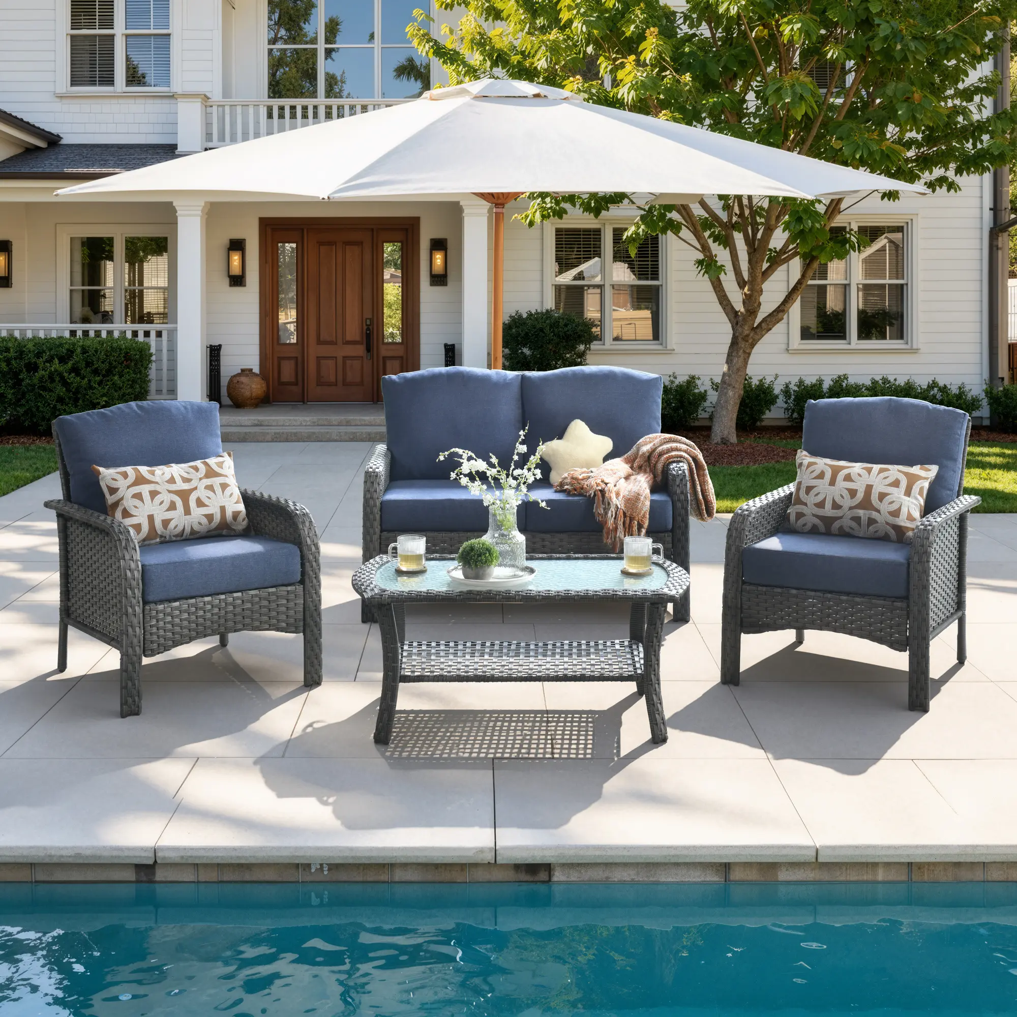 【Summerfinds】OVIOS 4-Piece Outdoor Patio Furniture Set with High-Back Cushions & Coffee Table, All-Weather Wicker Conversation Set for Backyard, Patio, Porch, Deck, Garden & Poolside