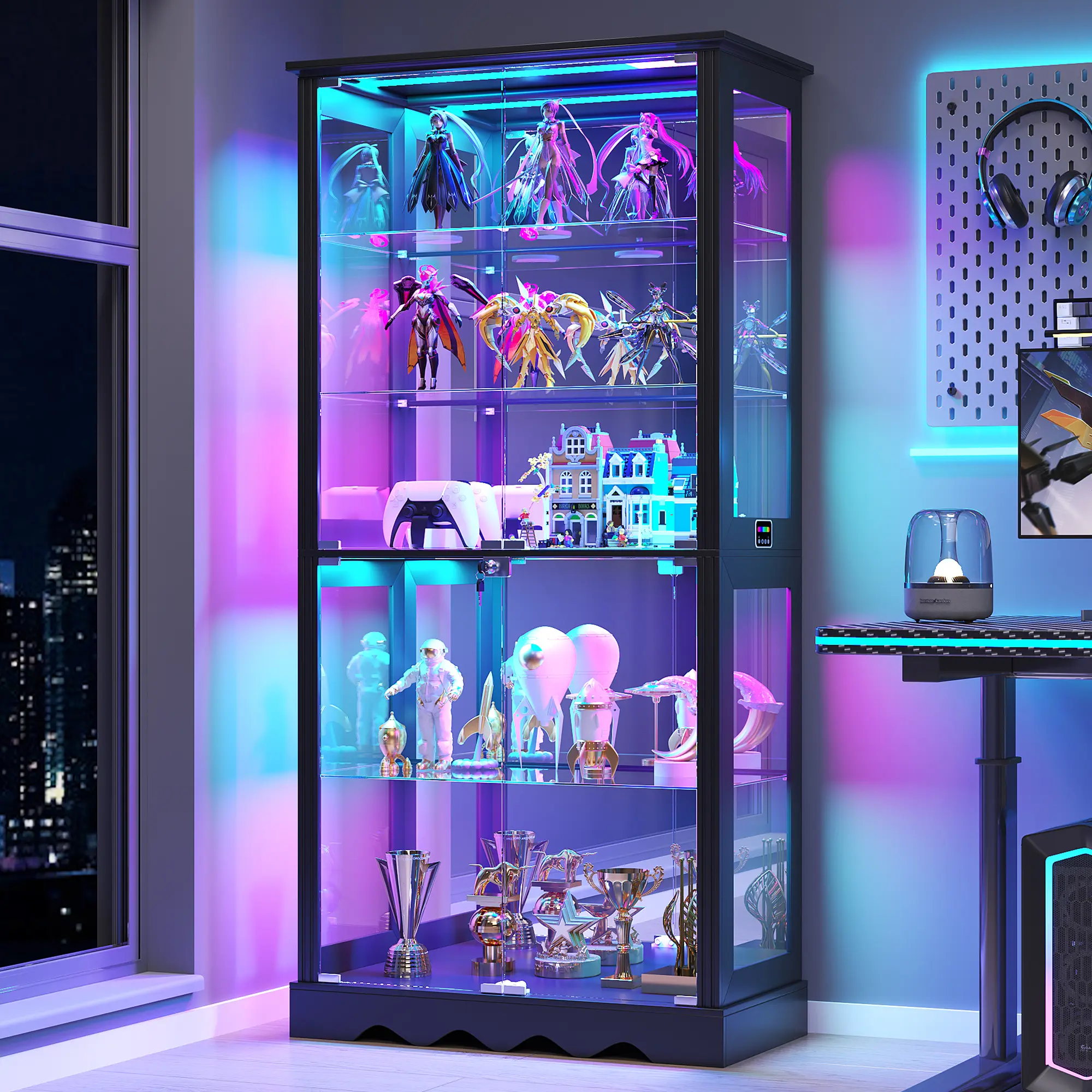 Vlsrka Display Cabinet with Glass Doors, RGB Lights for Collectibles | 71'' Tall with Adjustable Shelves, Human Sensor LED Lighting Curio Cabinet