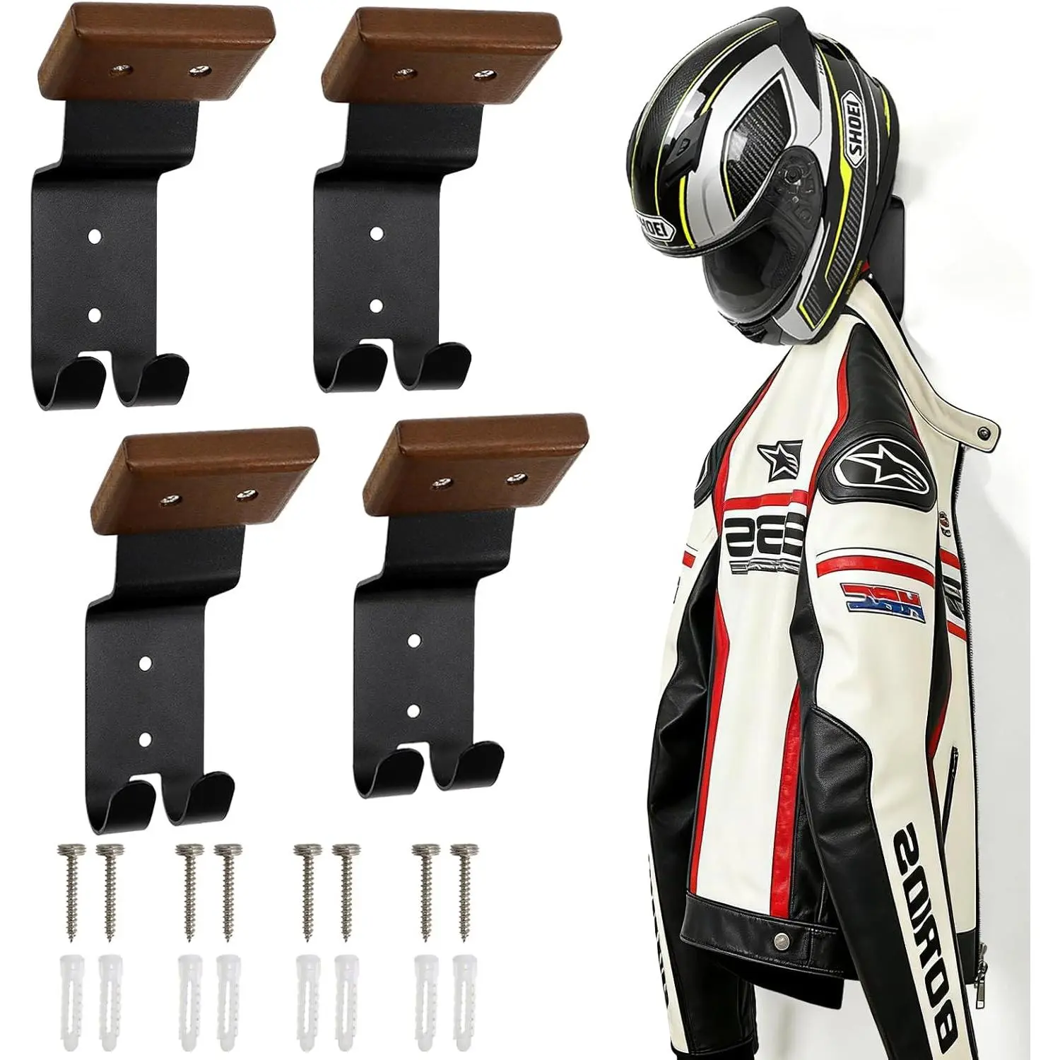 Eorbow 4 Pack Motorcycle Helmet Wall Mount, Helmets Holder with Double Key Hook, Helmet Hanger Motorcycle Gear Rack for Bike Baseball Tactical Football Skiing Accessories