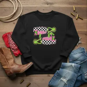 Neon checkered Spur Graphic Crewneck & T-shirt, Crewneck and Hoodie, Western Cowboy Graphic Hoodie, Trending Western Graphic Hoodie, Western Boutique, Cowboy Stuff, Western Sweatshirt, Cheetah Print, Turquoise Tee
