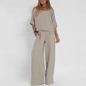 Casual Fashion Pocket Pants - Beach Set - Spring and Summer Short Sleeve Top Pullover Set for Women Cotton Linen Solid Color Two Pieces Clothes Suits Baggy Womenswear Gamis Comfort Basic Light Gray Loose Minimalist Oversize Oversized
