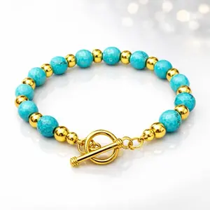 Gold Plated Turquoise Style Beaded Bracelet – Toggle Clasp Elegant Stackable Jewelry