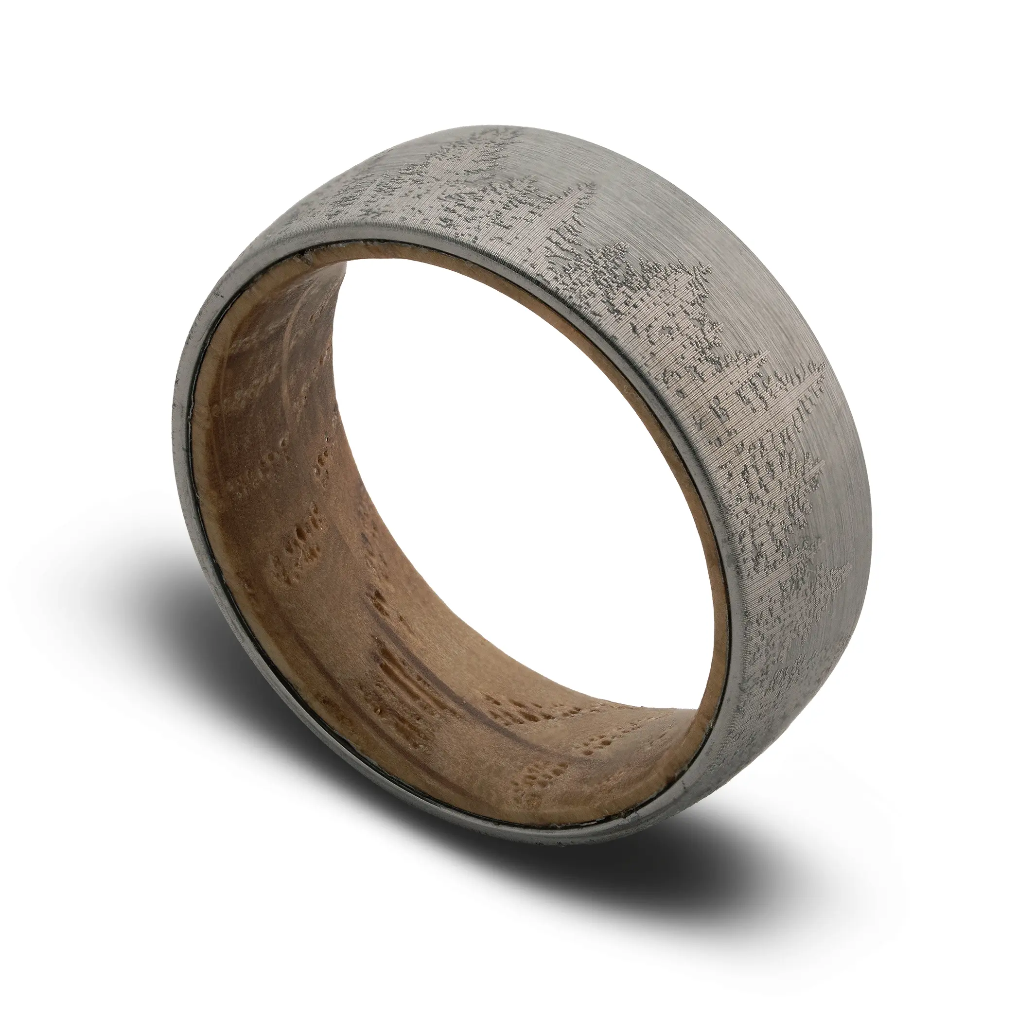 Men's Adventurer Tungsten Carbide Ring - 6mm/8mm Round Band, Forest Etch Design, Whiskey Barrel Wood or Solid Interior, Male Wedding Band & Male Promise Ring, Whiskey Wood, Oak Inner Sleeve