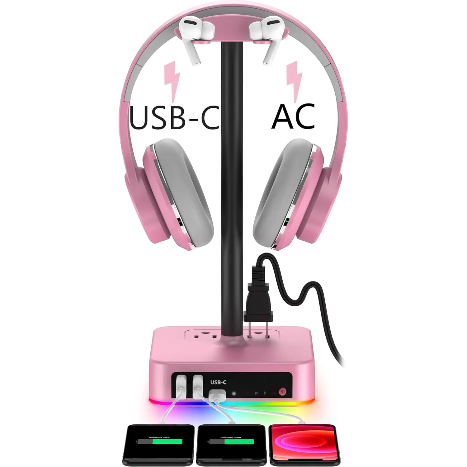 RGB Headphone Stand with USB Charger Desk  Holder Hanger Rack with 3 USB Charging Port and 2 Outlet - Suitable for Gamer Desktop Table Game Earphone Accessories Girlfriend Gift