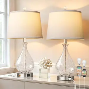 Glass Table Lamps for Living Room, Bedside Lamps Set of 2 with USB A+C Charging Ports, 3 Way Dimmable Touch Lamps for Nightstand, 22.5" Modern Table Lamp for Bedroom Office, LED Bulbs Included