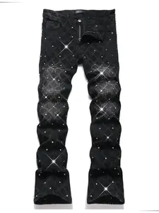Men's Elastic Hip Hop Punk Flare Jeans with Pockets and Rhinestone Decor, Skate Rap Dance Streetwear, Fashion Casual Fit