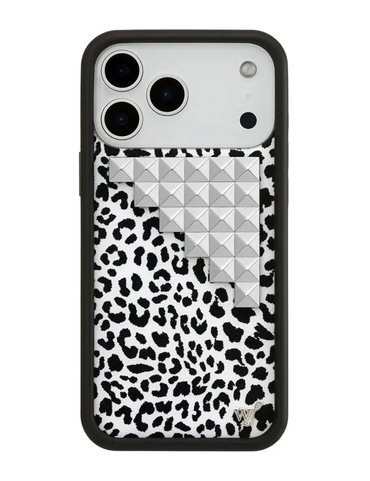 Snow Meow Studs | Limited Edition Trendy Collab iPhone Case | Raised Protective Black Bumper | Women Owned Small Business | Black and White Leopard Print Silver Studded Cute | Safety Casing Protective | Gift for Her Cellphone Custom