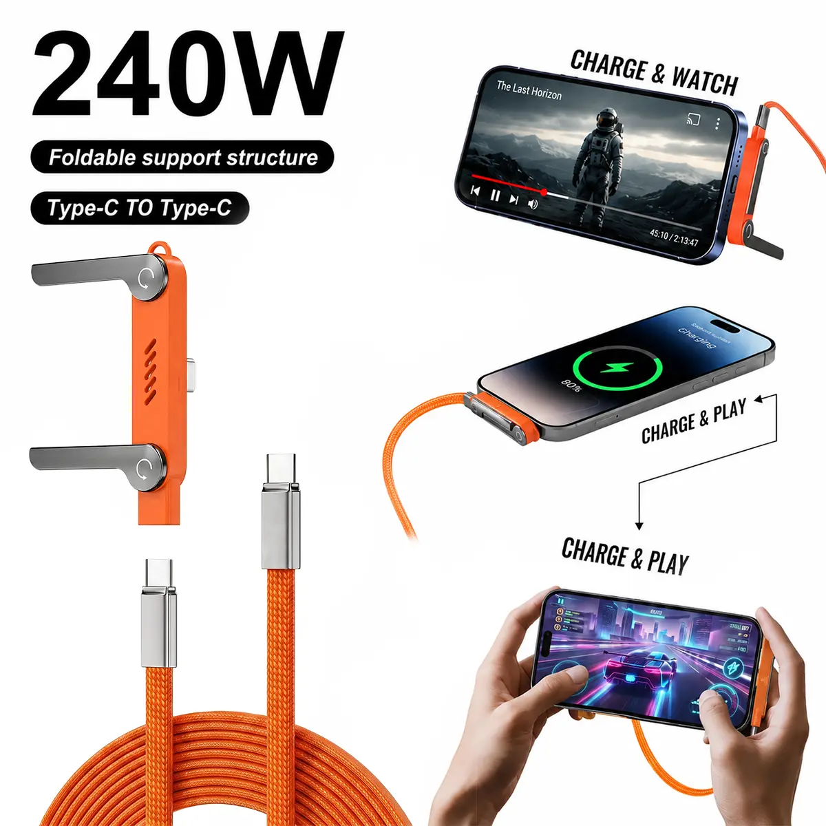 2-in-1 Detachable 240w Fast Charging Cable, Type-C Data Cable with 360° Invisible Stand for Gaming/Office/Car/Travel