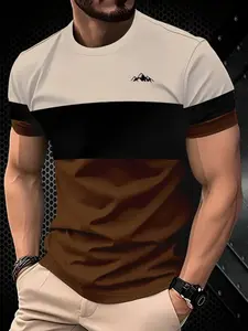 Men's Fashion Colorblock Classic Casual Fitted T-Shirt, Breathable Polyester Fabric, Round Neck Short Sleeve Design, Perfect for All Seasons Wear, Top