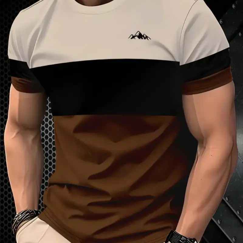 Men's Fashion Colorblock Classic Casual Fitted T-Shirt, Casual Tee, Menswear Polyester Fabric, Round Neck Crewneck Short Sleeve Design, Perfect for All Seasons Wear, Top