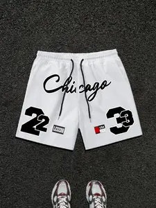 Men's Regular Fit Chicago Print Graphic Jersey Shorts, Casual Street Fashion Hoodie Shorts for Summer, Men's Bottoms for Daily Wear