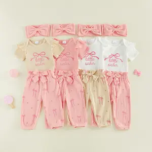 Preemie Newborn Baby Girl Outfit Bow Ribbed Short Sleeve Romper Pants and Headband 3 Piece Summer Set