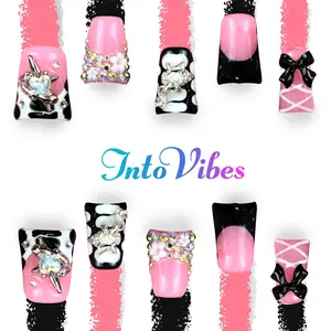 IntoVibes 2026 Zebra Love Duck Tip Press On Nails 10 PCS Handmade with Glitter Graffiti Rhinestones Y2K Baddie Glam Reusable Gel Acrylic Edgy Style Baby Pink St. Patrick’s Day Nails Fresh Green Nails Easter Summer